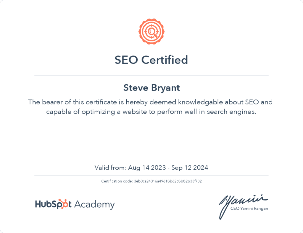 SEO Certified - Steve - Hubspot Academy