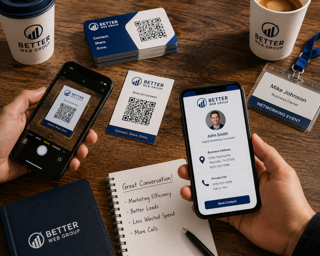 QR-code-business-cards-scanned-with-phones-adding-contacts-networking-event.